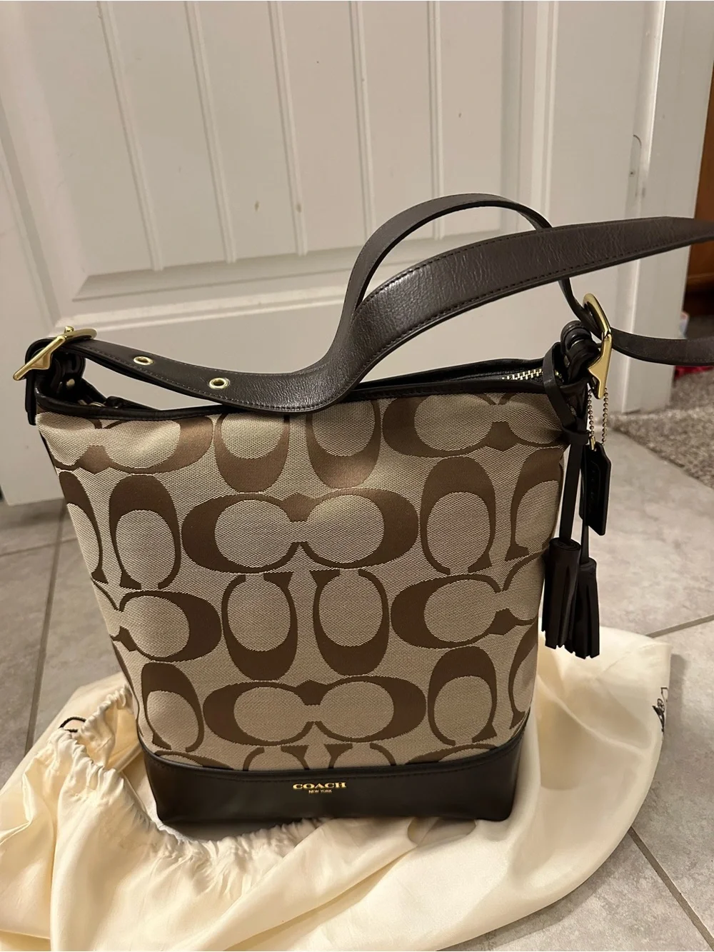 Coach Brown and Khaki Legacy Signature Canvas Shoulder Bag